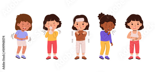 Sick kids character set. Girl suffering from stomach ache, sneezes with tissue, sick little girl with high fever, girl coughing, girl has skin disease. Trendy flat vector illustration