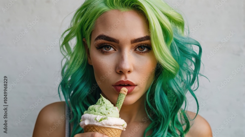 A woman with bright green hair and ice cream A woman with bright green hair and ice cream