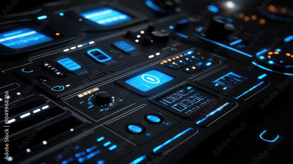 A futuristic control panel with blue-lit buttons and displays, designed for technology use. A futuristic control panel with blue-lit buttons and displays, designed for technology use.