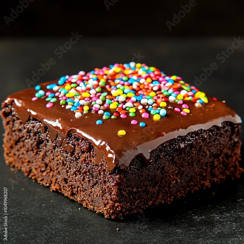 Capture a long shot of a delectable brownie, showcasing its glossy chocolate glaze and topped with a sprinkle of vibrant, colorful sprinkles photo