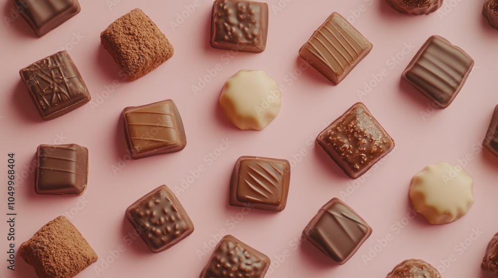 An assortment of chocolates arranged on a pink background, showcasing various textures and shapes. An assortment of chocolates arranged on a pink background, showcasing various textures and shapes.