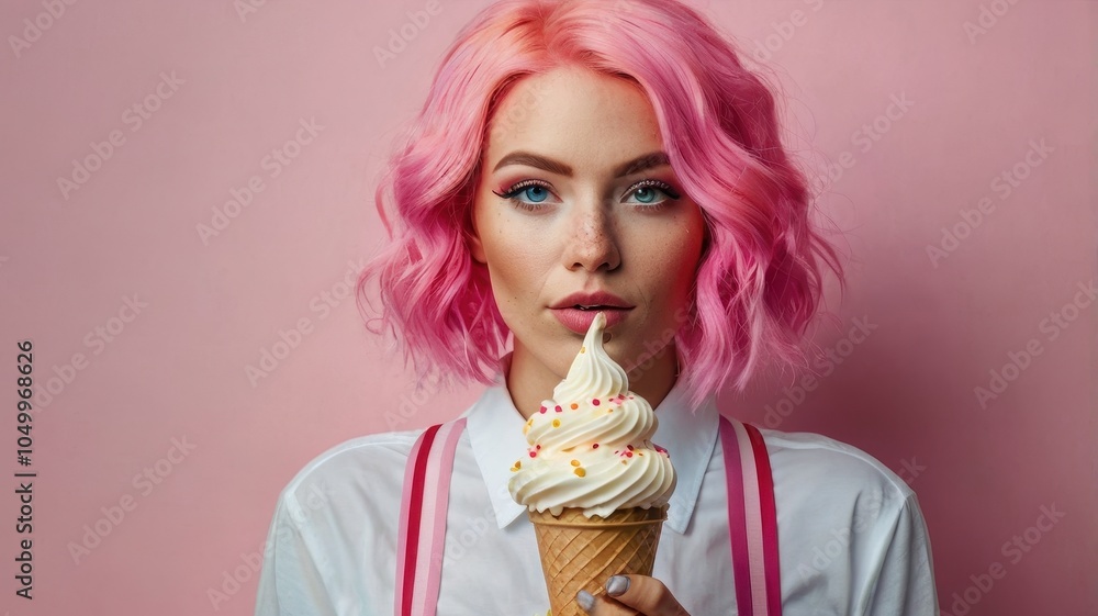 A woman with bright pink hair and ice cream A woman with bright pink hair and ice cream