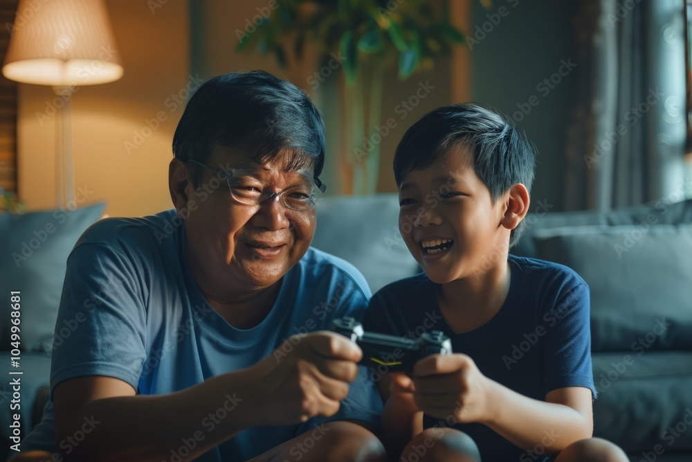 A joyful moment of bonding between a grandfather and his grandson as they play a video game on a console, highlighting family and fun in a cozy living room setting. A joyful moment of bonding between a grandfather and his grandson as they play a video game on a console, highlighting family and fun in a cozy living room setting.