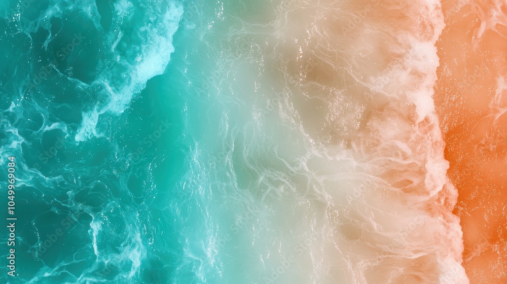 Fototapeta premium The ocean is blue and orange, with white foam on the surface