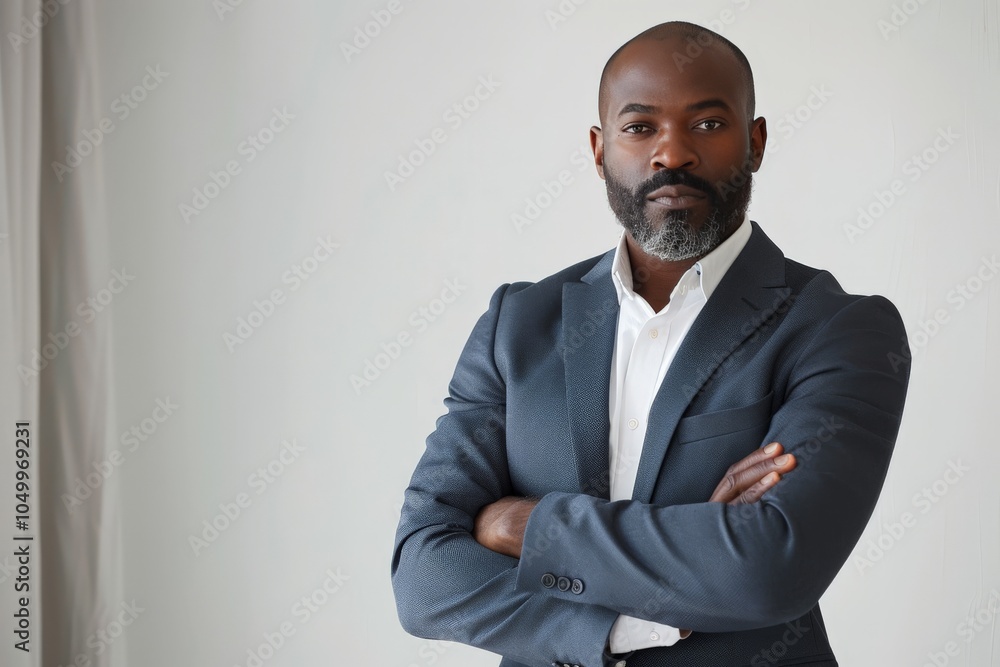 A confident business professional poses for a portrait, wearing a formal grey suit and white shirt, conveying authority with crossed arms and direct gaze. A confident business professional poses for a portrait, wearing a formal grey suit and white shirt, conveying authority with crossed arms and direct gaze.