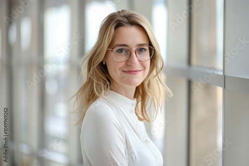 A young woman with blonde hair and glasses poses happily in a bright setting, her subtle smile and elegant posture complementing her white attire beautifully. Free Download A young woman with blonde hair and glasses poses happily in a bright setting, her subtle smile and elegant posture complementing her white attire beautifully. - GFXLoad