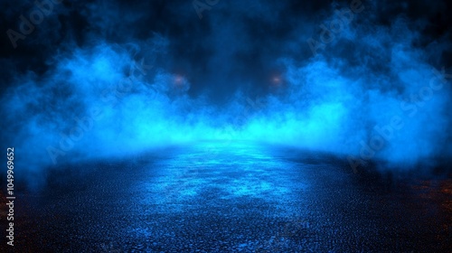 Mysterious blue fog envelops a dark, reflective surface, creating an atmospheric scene of intrigue.