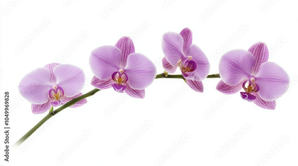 Obraz premium An isolated view of a lush green orchid stem with three purple orchid flowers, emphasizing the intricate details and soft curves