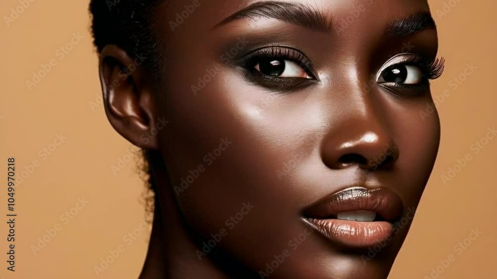 Close-up portrait showcasing a model's striking features and radiant skin tone. Close-up portrait showcasing a model's striking features and radiant skin tone.
