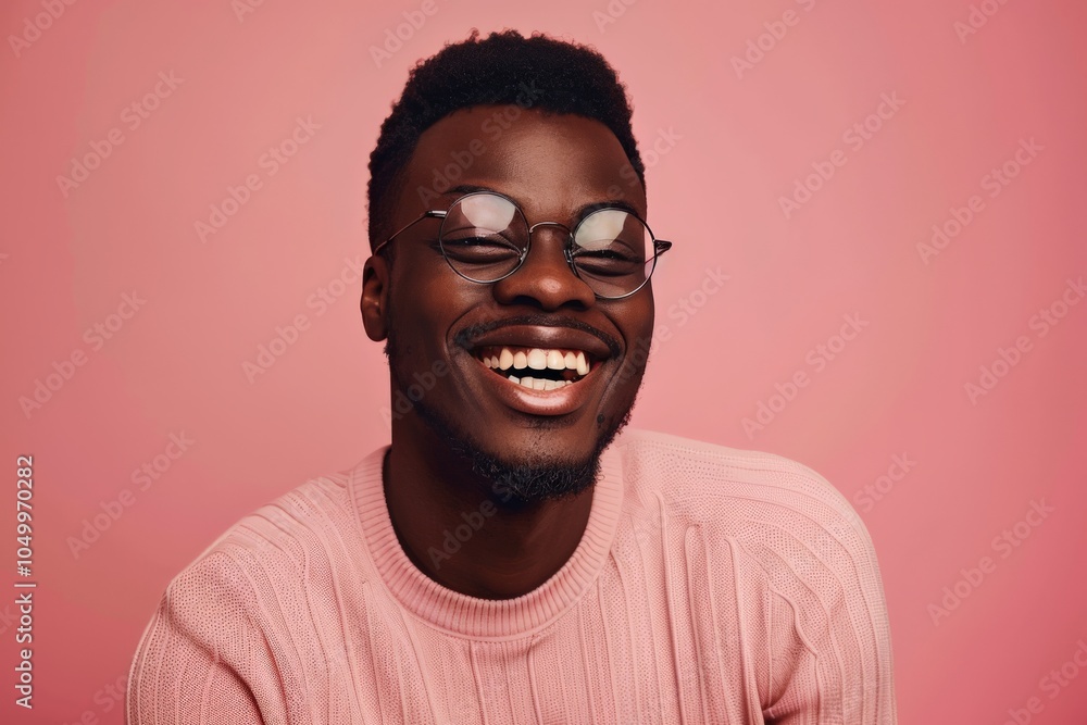 A man with glasses heartily laughs against a soft pink background, exuding vivacity and joy, creating an atmosphere of friendly and upbeat positivity. A man with glasses heartily laughs against a soft pink background, exuding vivacity and joy, creating an atmosphere of friendly and upbeat positivity.