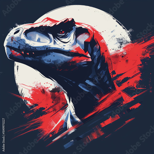 Dinosaur concept poster. Tyrannosaurus banner. Ancient myphology predator creative digital illustration. Monster t-shirt badge symbol. AI artwork. photo