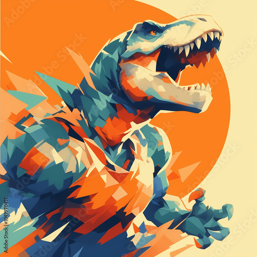 Dinosaur concept poster. Tyrannosaurus banner. Ancient myphology predator creative digital illustration. Monster t-shirt badge symbol. AI artwork. photo