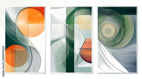 Three abstract paintings with a green and blue background and orange