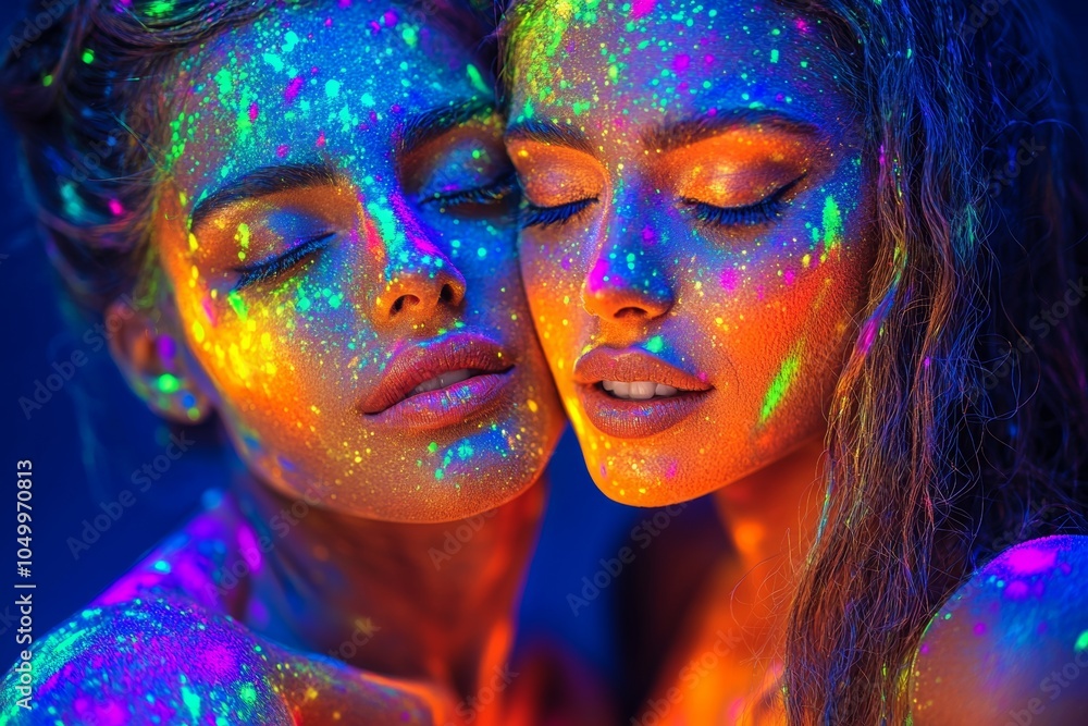 Obraz premium Two women with colorful body paint illuminated in vibrant light, showcasing their artistic expressions.