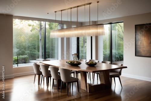 Wooden dining table with chairs in a cozy indoor dining room over large windows with hanging lamps