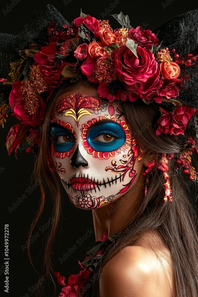 Woman in vibrant Day of the Dead makeup with floral adornments against a dark backdrop. Woman in vibrant Day of the Dead makeup with floral adornments against a dark backdrop.