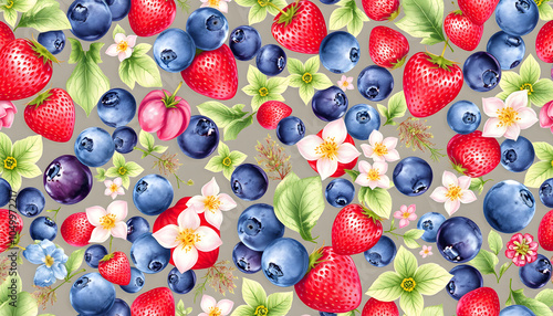 Watercolor seamless pattern with wild berries, flowers and leaves. Forest plants. Summer floral background. Blueberries, strawberries, clover, nature, blossom botany isolated with white highlights,  photo