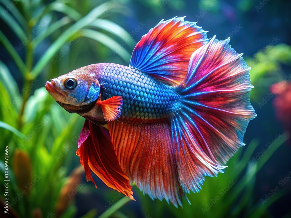 A dazzling betta fish in a tank displays its ornate fins and vibrant scales, perfect for capturing stunning aquatic photography in a colorful setting. A dazzling betta fish in a tank displays its ornate fins and vibrant scales, perfect for capturing stunning aquatic photography in a colorful setting.