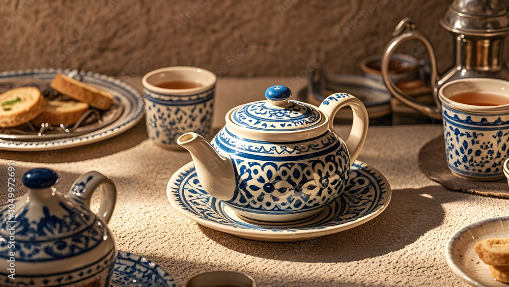 Fototapeta premium A traditional Moroccan teapot, adorned with intricate patterns, serving aromatic tea in a cultural setting