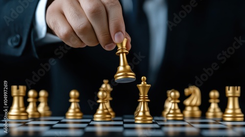 Wallpaper Mural person in suit strategically moves chess piece on board, symbolizing planning and decision making. focus is on hand and chess pieces, highlighting strategy and intellect Torontodigital.ca