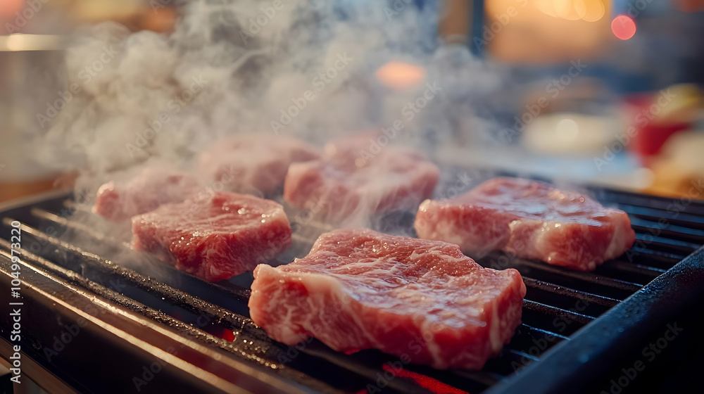 Pink Marbled Beef Steaks Grilling on Barbecue Pink Marbled Beef Steaks Grilling on Barbecue