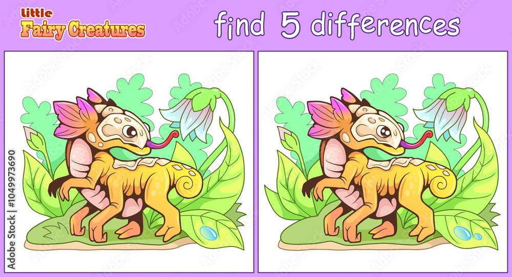Fototapeta premium Cute little fairy dragon, find five differences