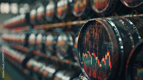 Realistic image of stacked oil barrels with stock chart overlay illustrating oil price dynamics photo