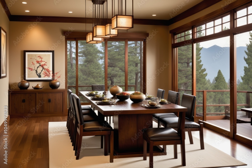 Wooden dining table with chairs in a cozy indoor dining room over large glass windows in the night with hanging lamps Wooden dining table with chairs in a cozy indoor dining room over large glass windows in the night with hanging lamps
