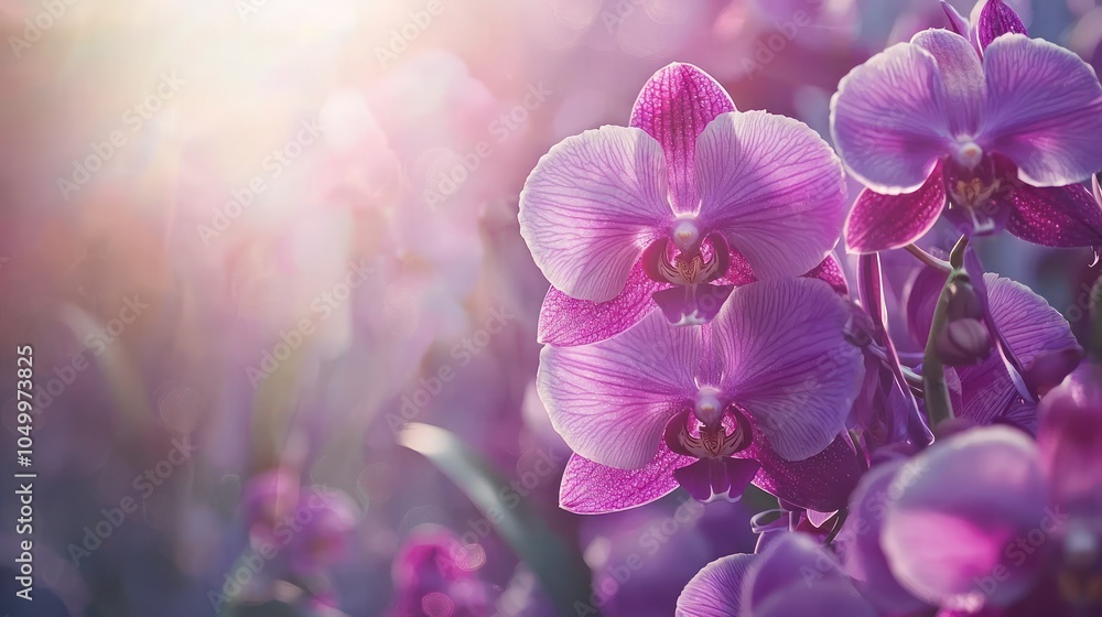 A stunning arrangement of purple orchid flowers, with some in focus and others blurred, creating a dynamic and colorful composition A stunning arrangement of purple orchid flowers, with some in focus and others blurred, creating a dynamic and colorful composition