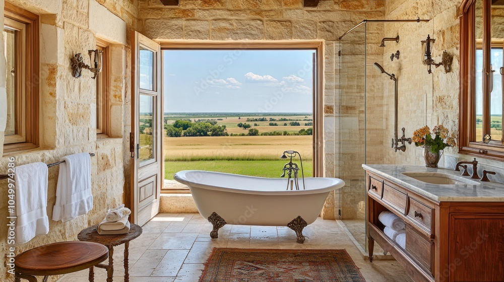 Elegant bathroom with a scenic view featuring a freestanding tub and natural light. Elegant bathroom with a scenic view featuring a freestanding tub and natural light.