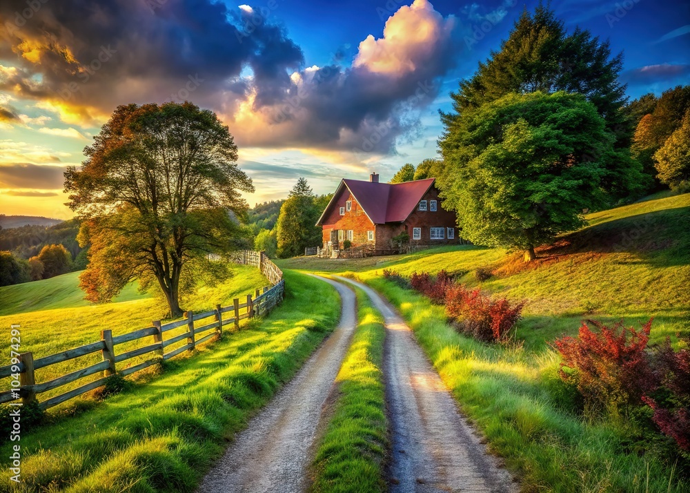 A peaceful rural road winds towards a picturesque farmhouse, embraced by the lush beauty of nature, featuring a charming dirt pathway and serene surroundings. A peaceful rural road winds towards a picturesque farmhouse, embraced by the lush beauty of nature, featuring a charming dirt pathway and serene surroundings.