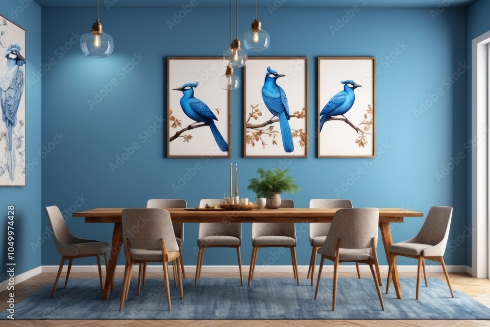 Modern dark blue color dining room with lamp, table and chairs in a stylish interior Modern dark blue color dining room with lamp, table and chairs in a stylish interior