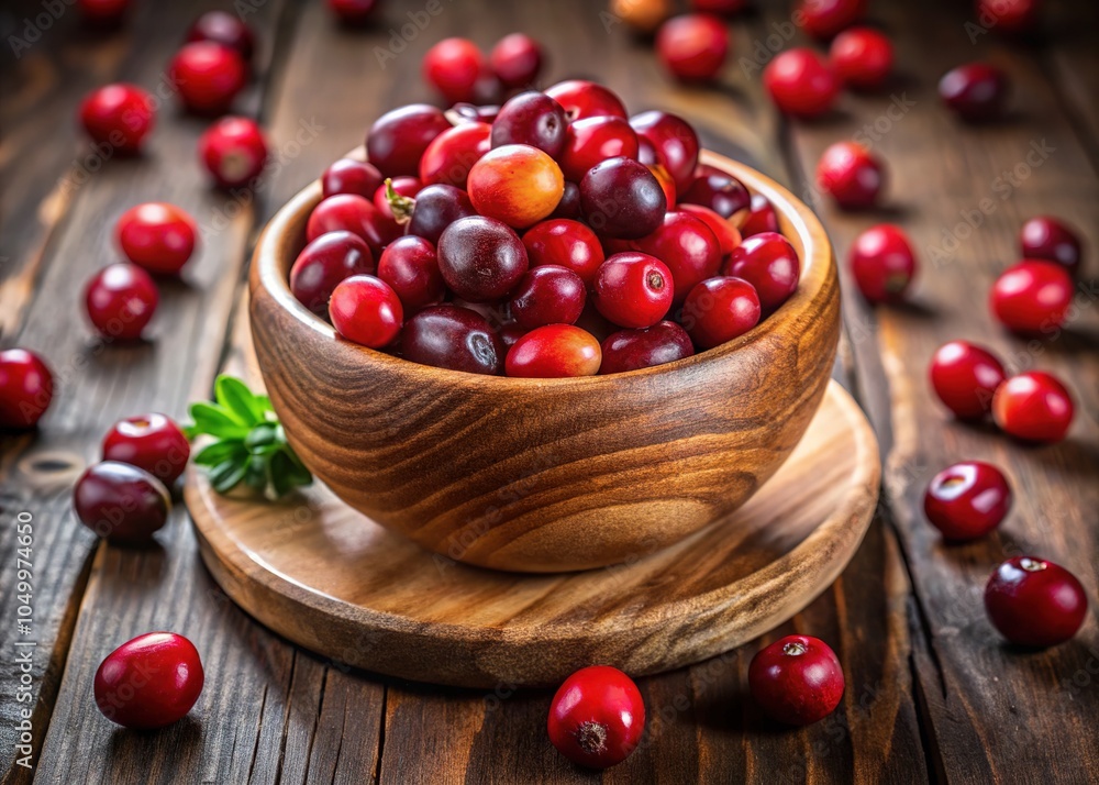 A rustic bowl overflowing with vibrant red cranberries. A rustic bowl overflowing with vibrant red cranberries.