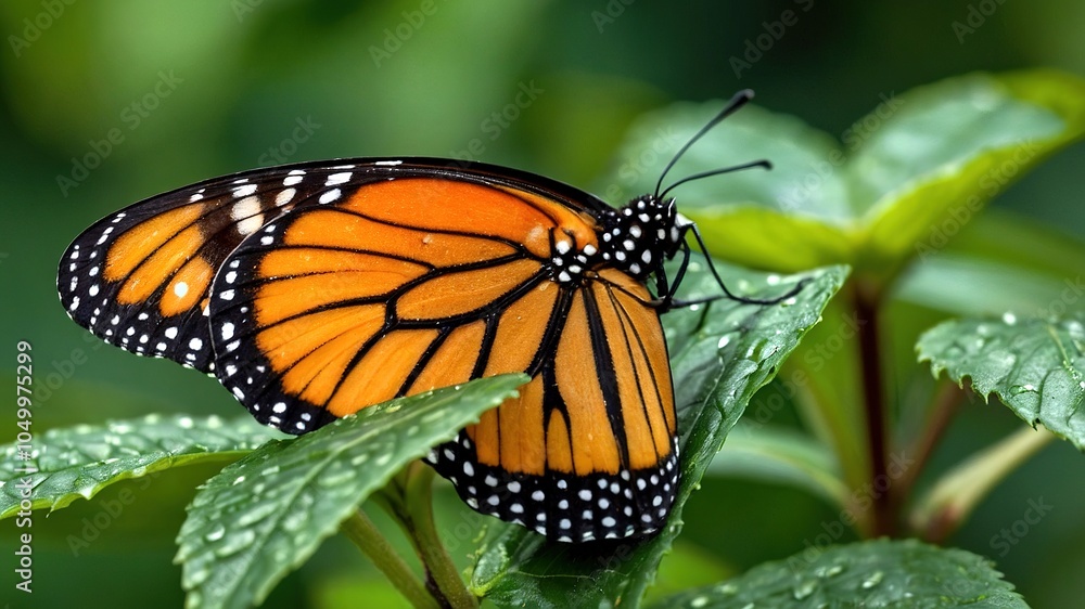A solitary monarch, vibrant wings against a backdrop of emerald green. A solitary monarch, vibrant wings against a backdrop of emerald green.