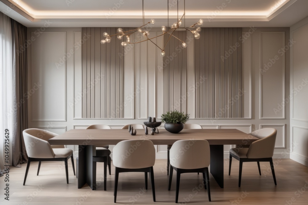 Fototapeta premium A modern dining room featuring a stylish table and chairs, designed with luxury and comfort in mind, with wooden accents and natural light streaming through the windows