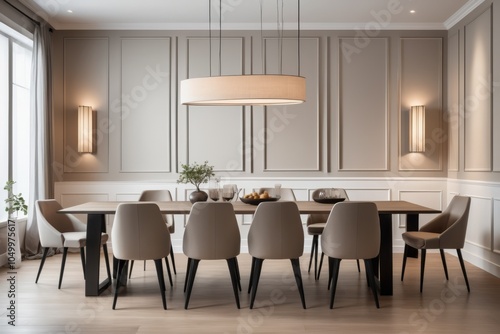A modern dining room featuring a stylish table and chairs, designed with luxury and comfort in mind, with wooden accents and natural light streaming through the windows
