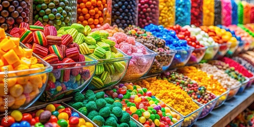 A vibrant candy display showcases a variety of bulk sweets available by weight, perfect for all ages and celebrations, enticing customers with delightful treats.