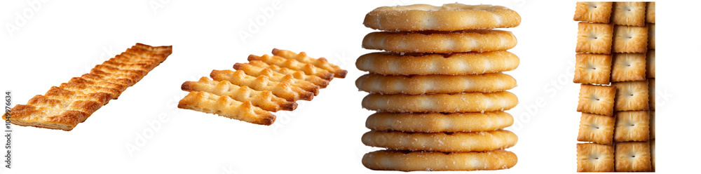 A collection of different crunchy crackers shown in isolation, highlighting their distinctive shapes and textures. The crackers vary in arrangement and elevation isolated PNG isolated PNG A collection of different crunchy crackers shown in isolation, highlighting their distinctive shapes and textures. The crackers vary in arrangement and elevation isolated PNG isolated PNG