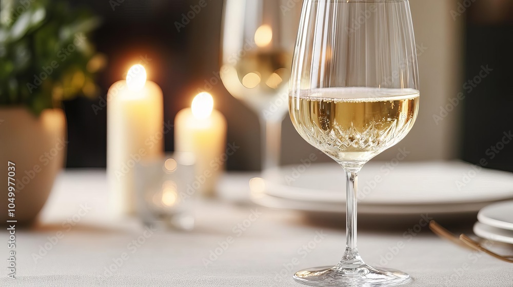 Stream of white wine, crystal glass, elegant dining setup, dim candlelight Stream of white wine, crystal glass, elegant dining setup, dim candlelight