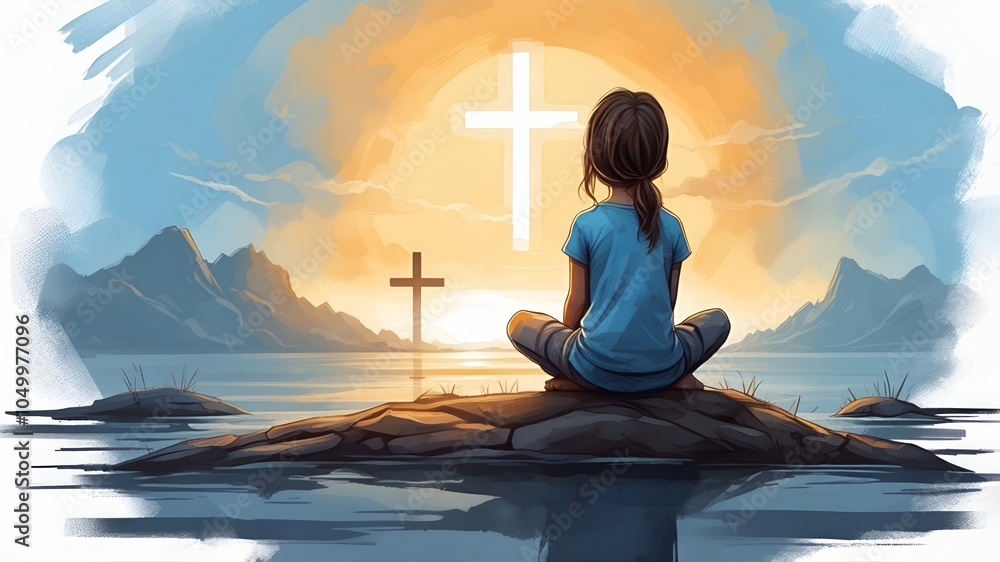 Fototapeta premium watercolor drawing of a young girl praying to christian cross under the sunset