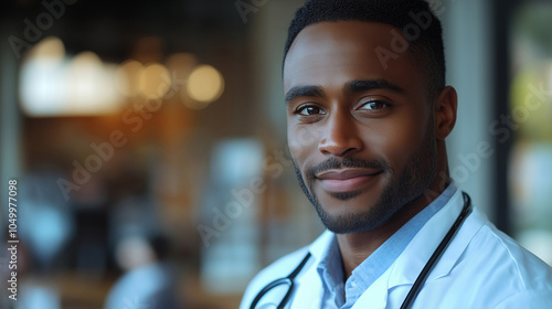 A male doctor stands confidently in a clinic during a team meeting, engaging with colleagues and discussing patient care strategies photo