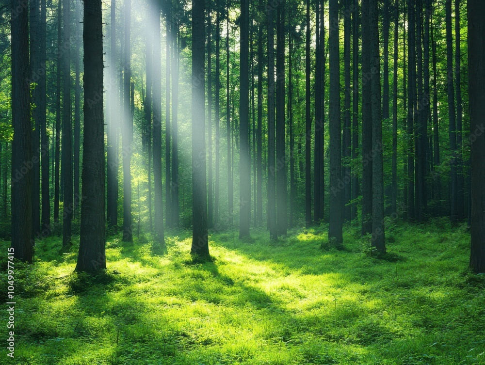 Fototapeta premium Bright Morning Light Streaming Through Forest Trees