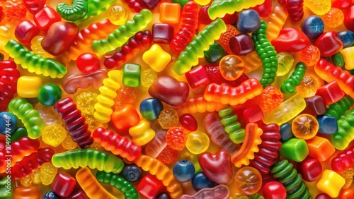 A Colorful Medley of Gummy Candies, Featuring an Array of Shapes, Sizes, and Flavors, Including Worms, Hearts, and Squares, Creating a Delightful Visual Feast