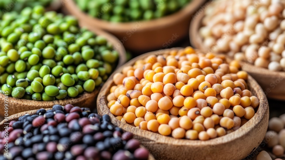 A variety of colorful legumes displayed in wooden bowls, showcasing diverse textures and colors. A variety of colorful legumes displayed in wooden bowls, showcasing diverse textures and colors.