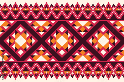 This bold digital artwork features a traditional tribal pattern with vibrant hues of red, orange, and white. The design showcases intricate geometric shapes in a symmetrical layout.