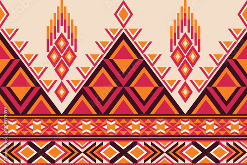 This bold digital artwork features a traditional tribal pattern with vibrant hues of red, orange, and white. The design showcases intricate geometric shapes in a symmetrical layout.