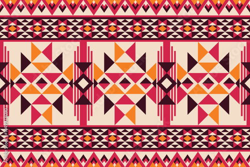 This bold digital artwork features a traditional tribal pattern with vibrant hues of red, orange, and white. The design showcases intricate geometric shapes in a symmetrical layout.