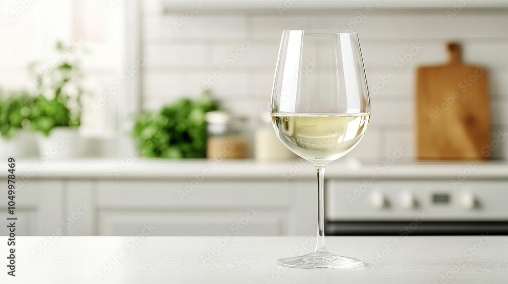 Stream of wine flowing into a delicate glass, bright kitchen, fresh morning light Stream of wine flowing into a delicate glass, bright kitchen, fresh morning light