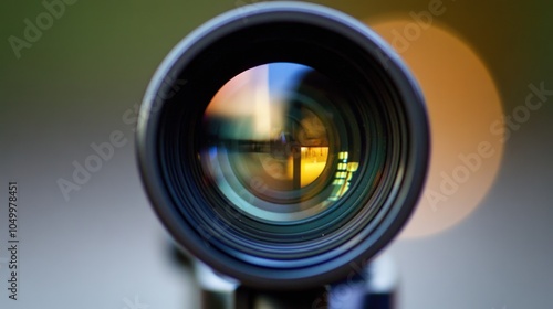 A close-up view of a camera lens showcasing reflections and bokeh effects.