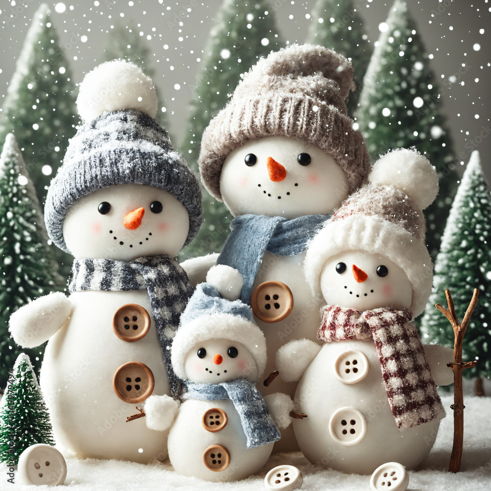4 Snowmen Standing in Front of Christmas Trees Close-up, Buttons, Scarfs and Winter Hats, Snow in Background Winter Holiday New Years Eve & Christmas Decoration 4 Snowmen Standing in Front of Christmas Trees Close-up, Buttons, Scarfs and Winter Hats, Snow in Background Winter Holiday New Years Eve & Christmas Decoration
